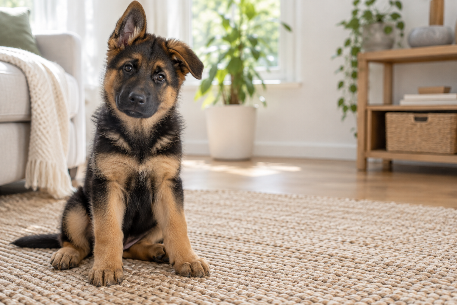 Young German Shepherd puppy sitting inside a home
