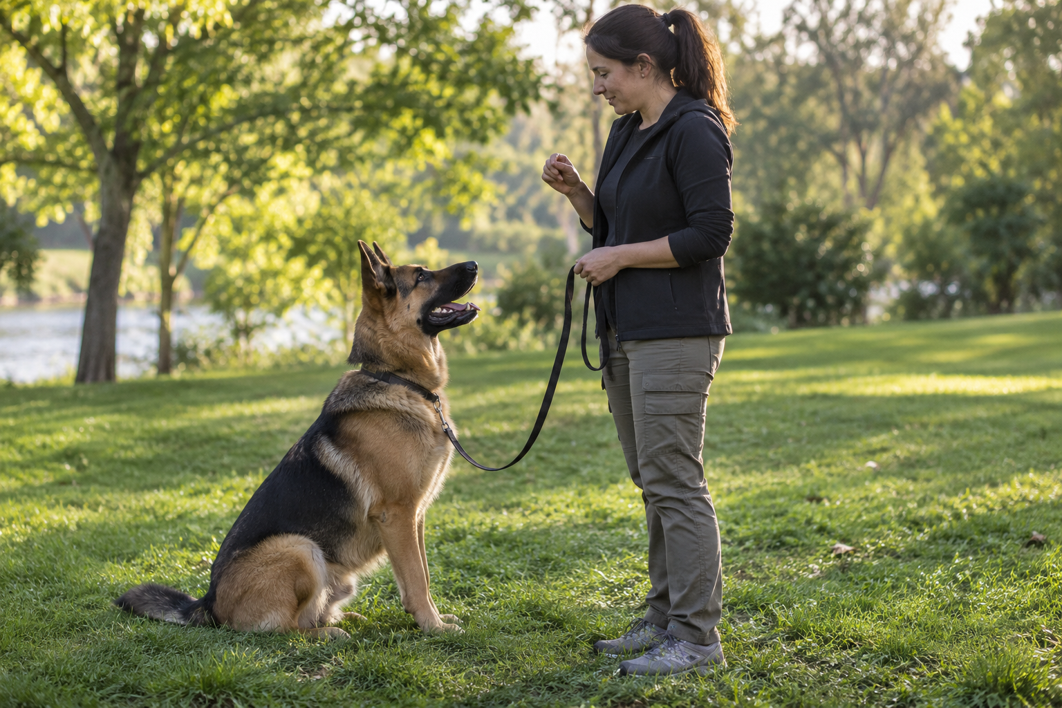German Shepherd calmly practicing obedience with a handler
